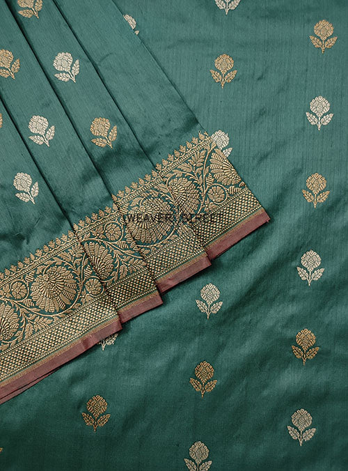 Basil Green Katan Silk Handwoven Banarasi saree with small flower buti (3) close up
