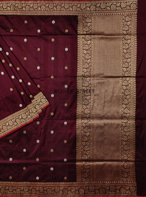 Burgundy Katan Silk Handwoven Banarasi saree with small flower kdhua buti (1) main