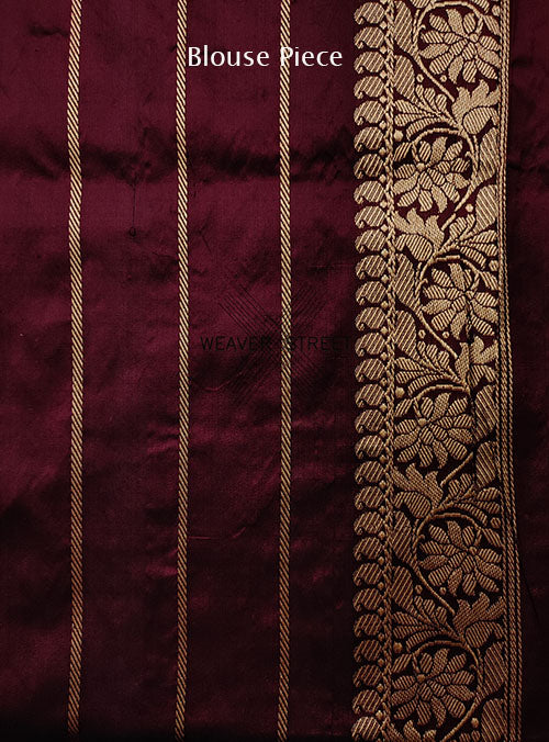 Burgundy Katan Silk Handwoven Banarasi saree with small flower kdhua buti (6) blouse
