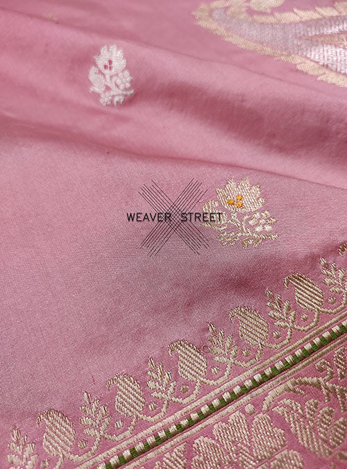 Flamingo Pink katan silk handwoven Banarasi saree with konia and kadwa buti (2) detail