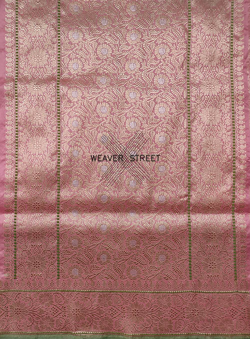 Flamingo Pink katan silk handwoven Banarasi saree with konia and kadwa buti (5) pallu