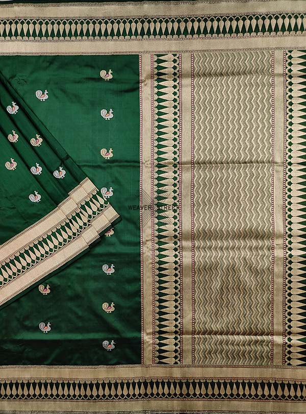 Green Katan silk Handwoven Banarasi saree with meenedar peacock buti. 1 MAIN