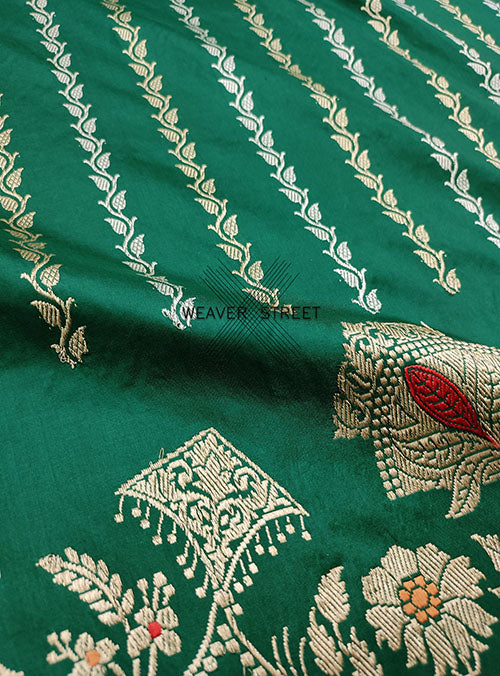 Jade Green Katan Silk Handwoven Banarasi saree with floral stripes (2) detail