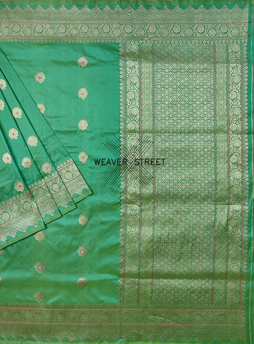 Jade Green Katan Silk Handwoven Banarasi saree with stylized alfi kadwa Buta (1) main