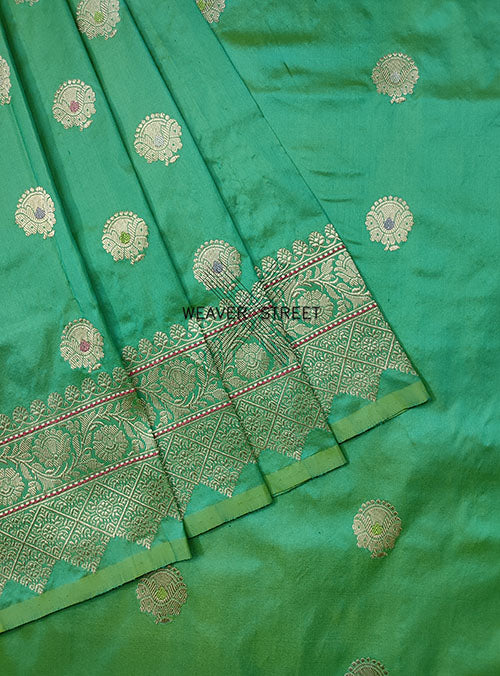 Jade Green Katan Silk Handwoven Banarasi saree with stylized alfi kadwa Buta (3) close up