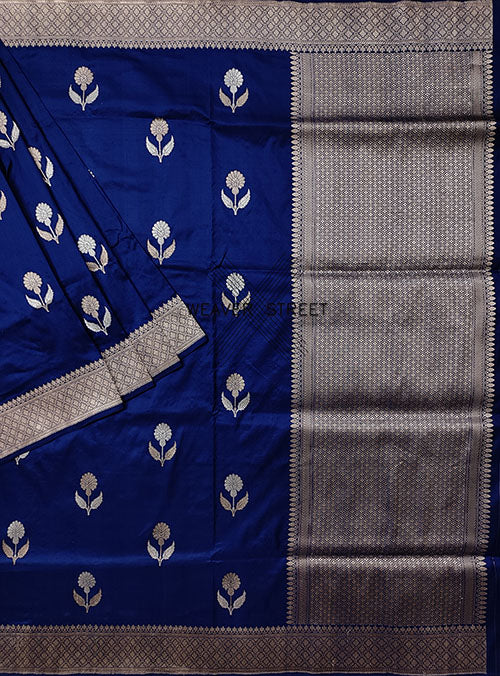 Midnight Blue katan silk handwoven Banarasi saree with Flower Alfi kadwa buta (1) main