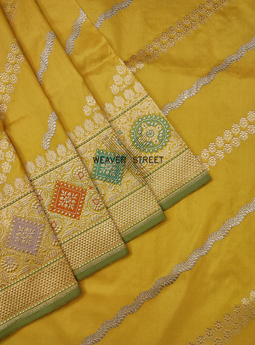 Minion Yellow katan silk handwoven Banarasi saree with aada kadwa jangla. 3 CLOSE UP
