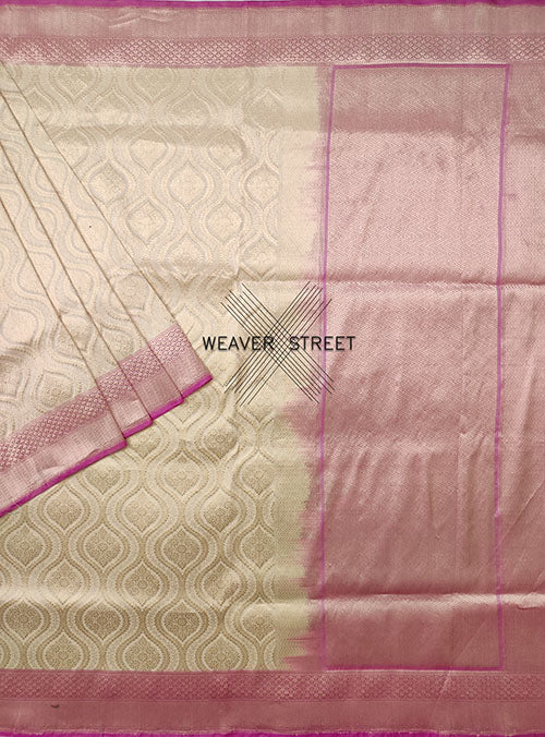 Off White Katan silk Handwoven Banarasi saree with brocade ogee jaal (1) main
