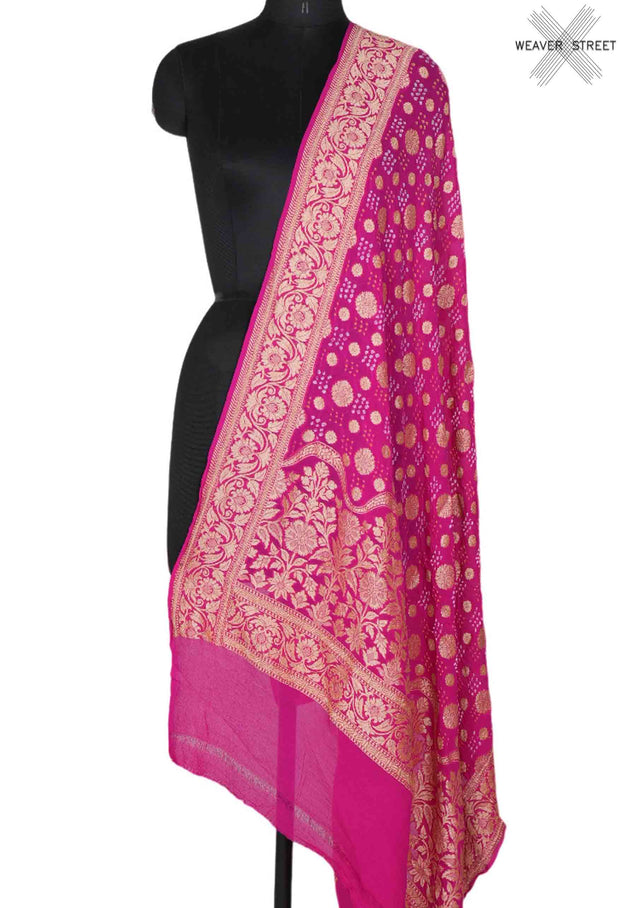 Pink Khaddi Georgette Bandhani dupatta with flower buti