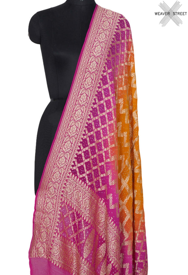 PinkOrangeKhaddiGeorgetteBandhanidupattawithgeometricalpatterns_1_main