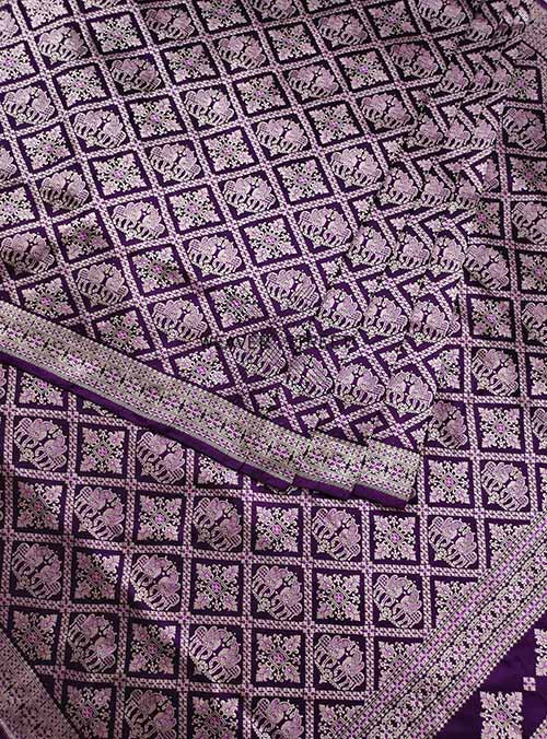 Purple Katan silk Handwoven Banarasi saree with Horse pair Brocade jaal (4) center