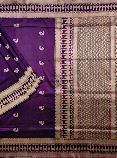 Purple Katan silk Handwoven Banarasi saree with meenedar peacock buti. 1 MAIN