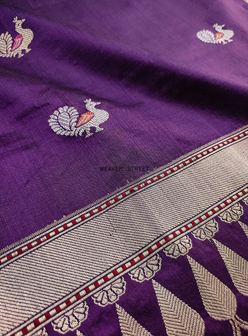 Purple Katan silk Handwoven Banarasi saree with meenedar peacock buti. 2 DETAIL