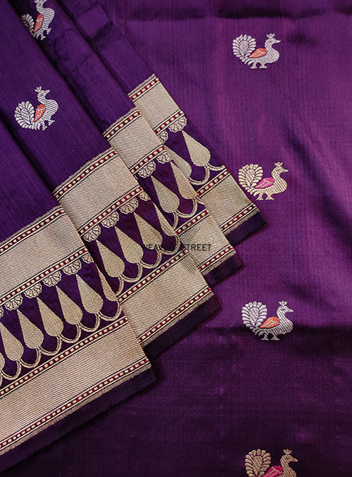 Purple Katan silk Handwoven Banarasi saree with meenedar peacock buti. 3 CLOSE UP