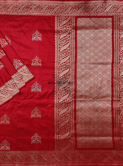 Red Katan silk Handwoven Banarasi saree with tilfi bird buta. 1 MAIN