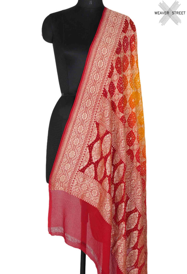 Red Orange Khaddi Georgette Bandhani dupatta with chess pattern