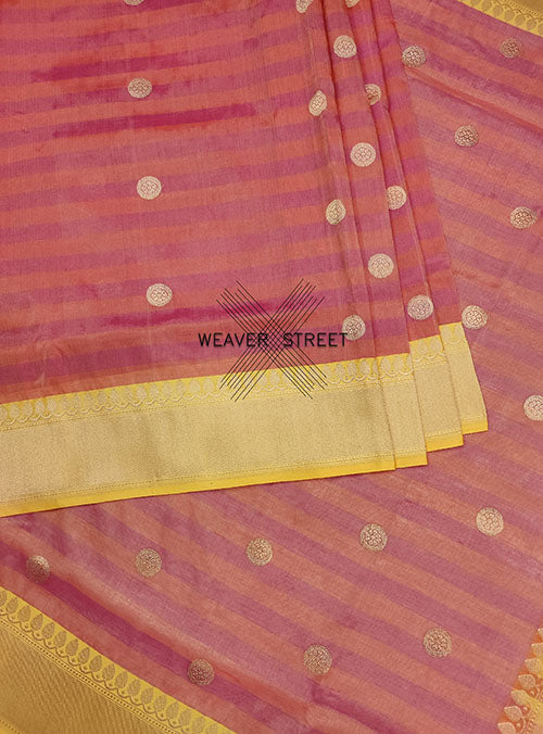 Red Pink Cotton Tissue Handwoven Banarasi Saree with round kadwa buta (4) center