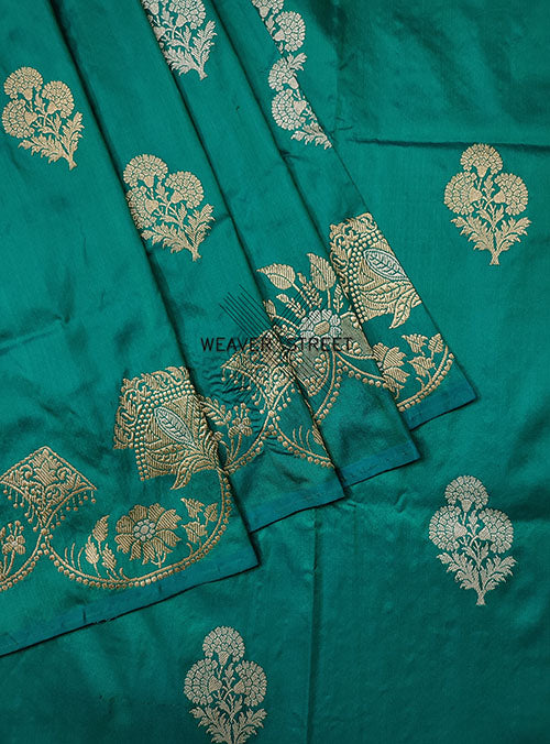 Teal Green Katan Silk Handwoven Banarasi saree with Marigold flower buta (3) close up