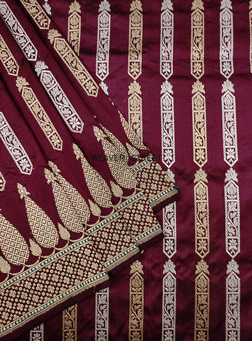 Wine Katan Silk Handwoven Banarasi Saree with Geometrical Stripes (3) close up