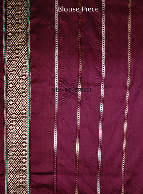 Wine Katan Silk Handwoven Banarasi Saree with Geometrical Stripes (6) blouse