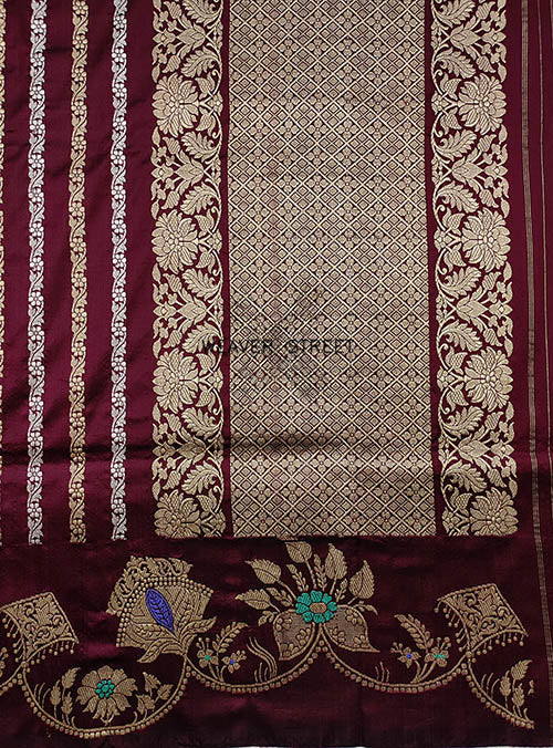 Wine Katan Silk Handwoven Banarasi saree with floral stripes (5) pallu