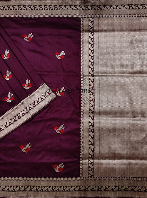 Wine Katan silk Handwoven Banarasi saree with meenedar Bird pair buti (1) main