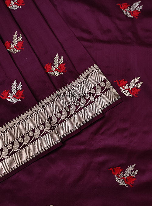 Wine Katan silk Handwoven Banarasi saree with meenedar Bird pair buti (3) close up