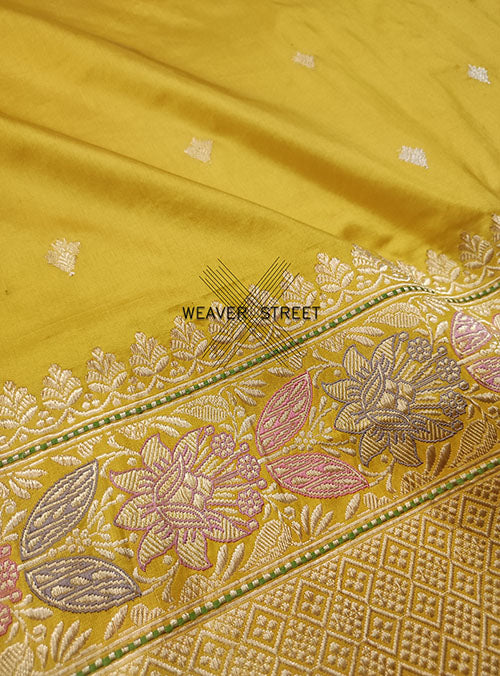 Yellow Katan Silk Handwoven Banarasi saree with mini flower buti (2) detail
