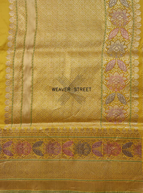 Yellow Katan Silk Handwoven Banarasi saree with mini flower buti (5) pallu