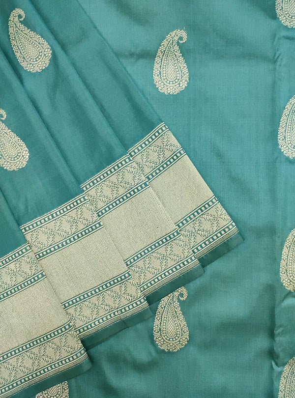 Arctic blue katan silk handloom Banarasi saree with paisley boota (2) close up