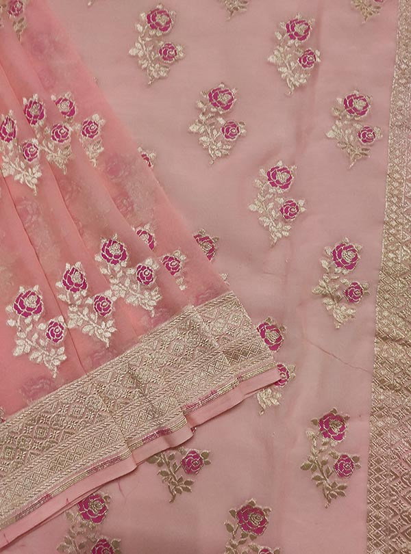 Baby pink khaddi georgette Banarasi saree with meenedar rose flower boota (2) close up