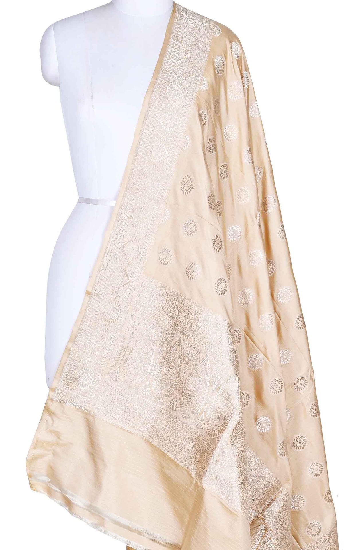 Beige katan silk Banarasi dupatta with stylized booti (1) Main