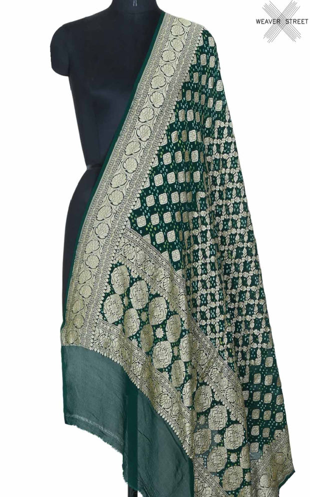 Bottle green Khaddi georgette Bandhani dupatta with grid jaal (1) main