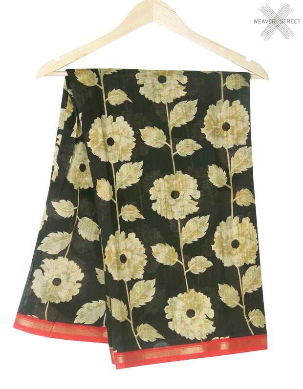 Charcoal floral printed silk cotton saree (1) Main