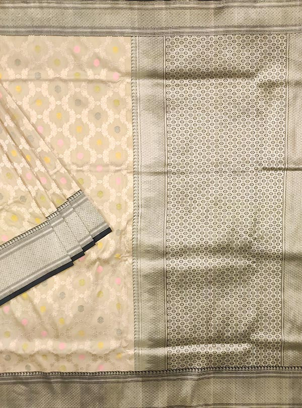 Cream katan silk handloom Banarasi saree with meenedar elegant kaduwa jangla (1) Main