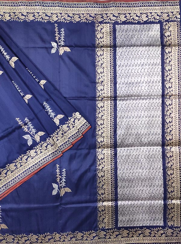 Dark blue katan silk Banarasi saree with alfi tulsi plant boota (1) MAIN