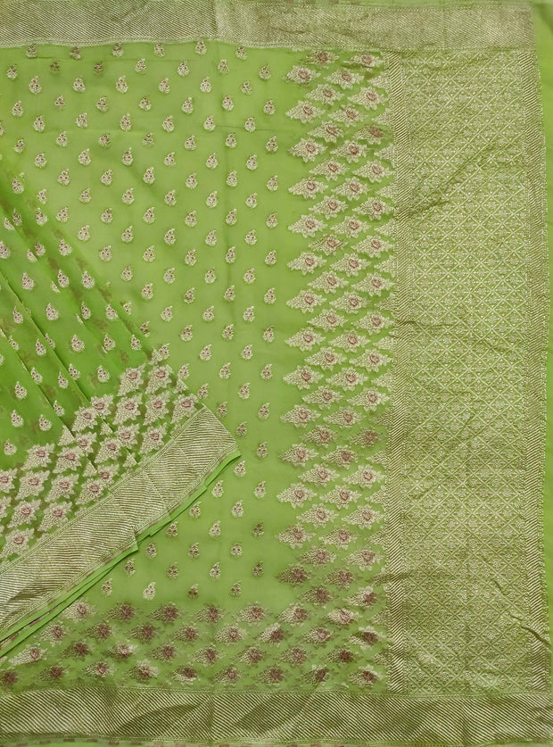 Green khaddi georgette handloom Banarasi saree with mini flower booti (1) Main