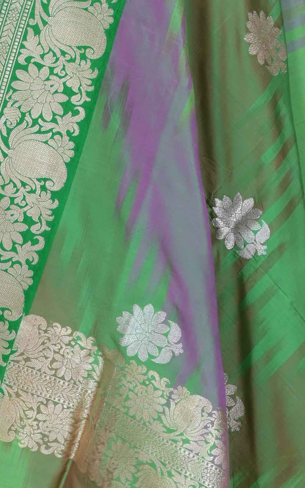 Green rainbow Katan silk handwoven Banarasi dupatta with floral buta (2) closeup