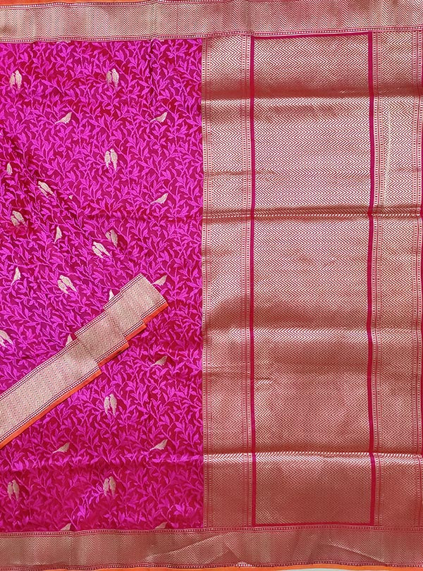 Magenta Red katan silk tanchoi Banarasi saree with kaduwa woven bird booti (1) main