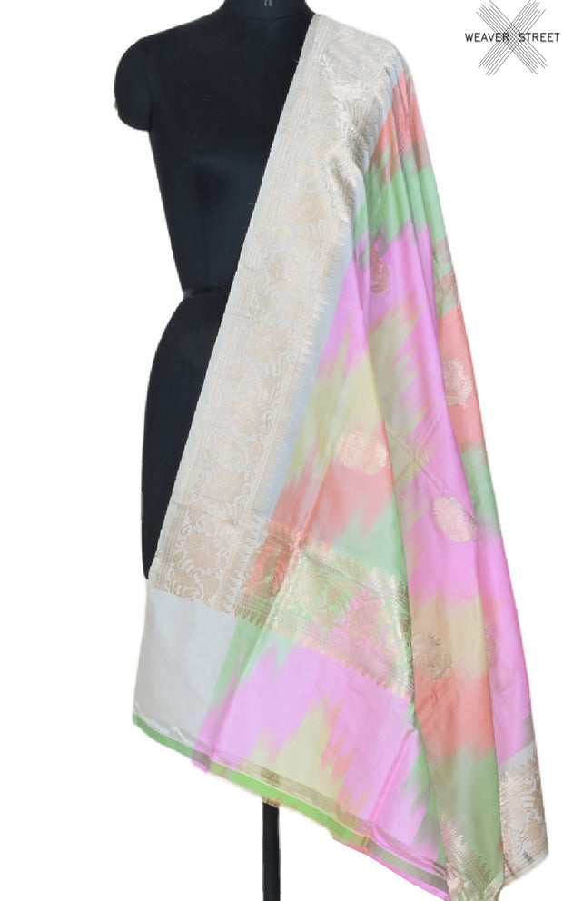 Multicolor rainbow Katan silk handwoven Banarasi dupatta with flower buta (1) main