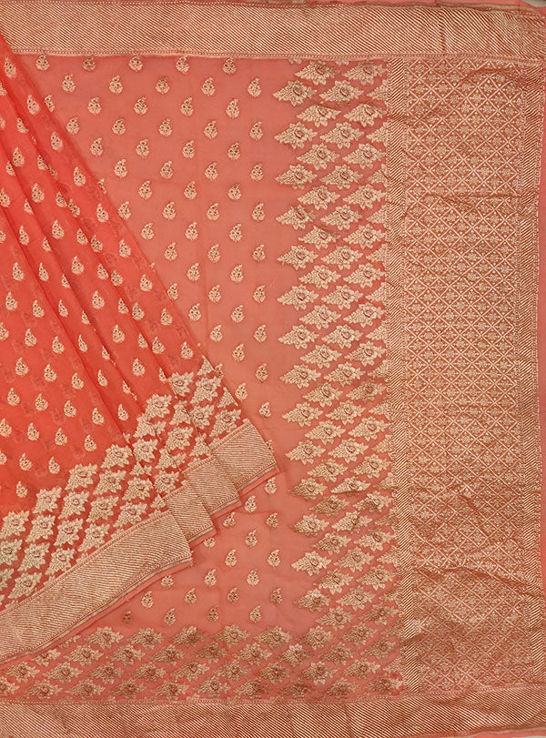 Orange Khaddi georgette Banarasi saree with meenedar leaf booti (1) main