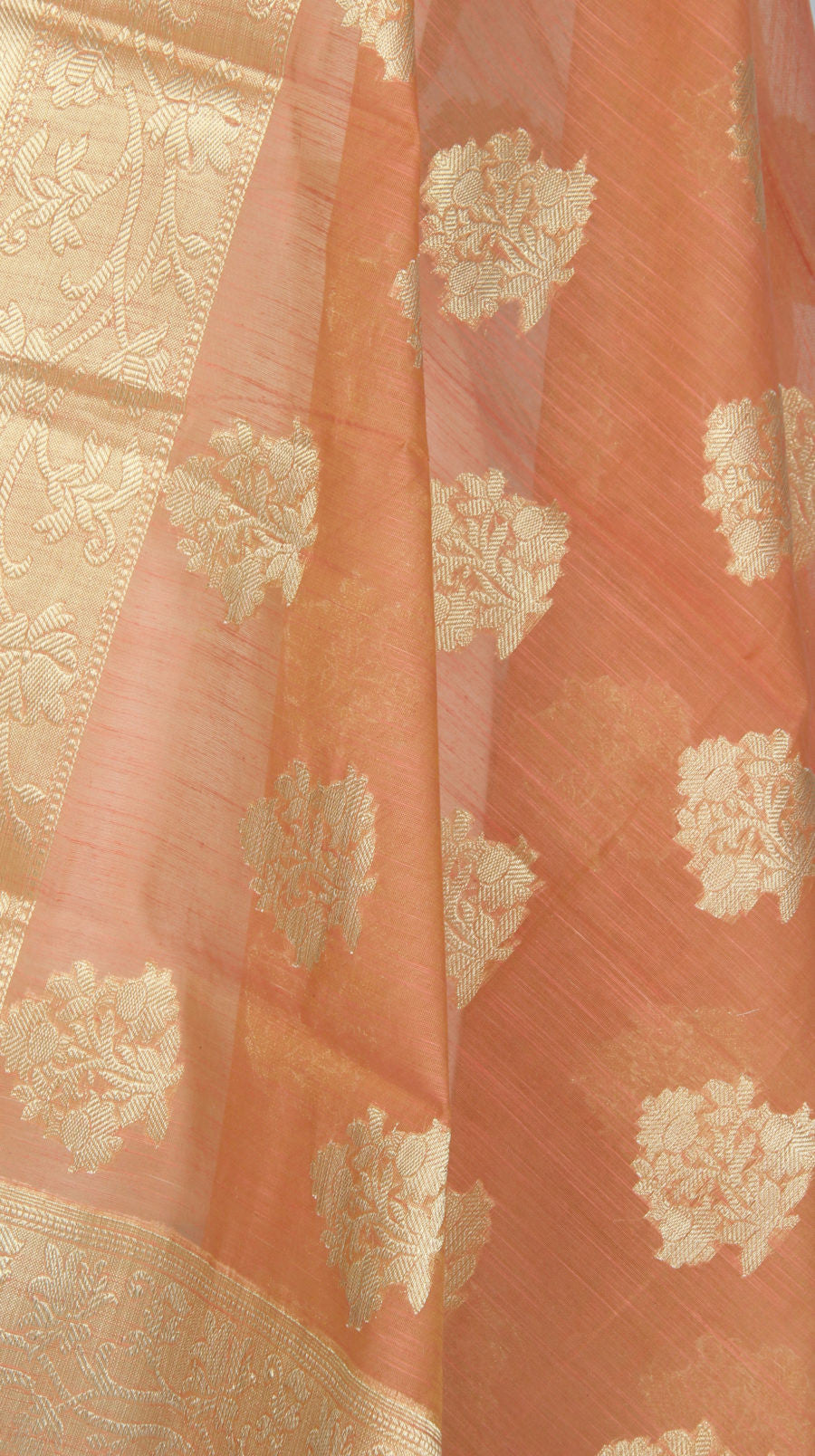 Orange Art Silk Cotton Banarasi Dupatta with flower motifs (2) Close up