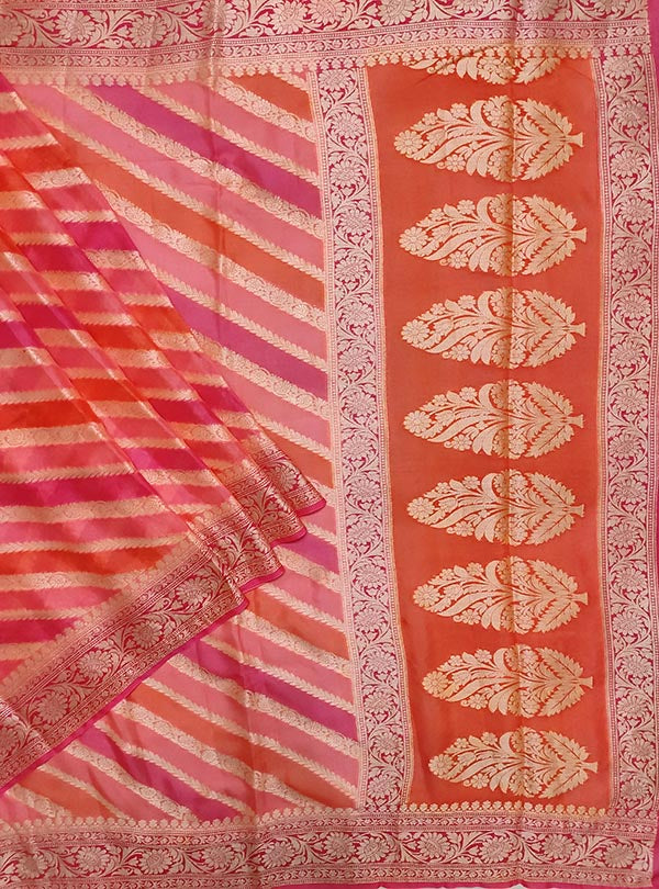 Peach Orange multi color Lehariya chiffon Banarasi saree with diagonal jaal (1) main