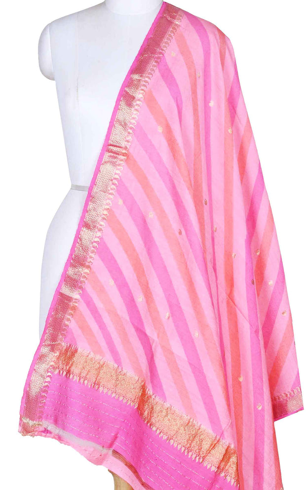 Pink lehariya muga silk Banarasi dupatta with diagonal strripes (1) Main