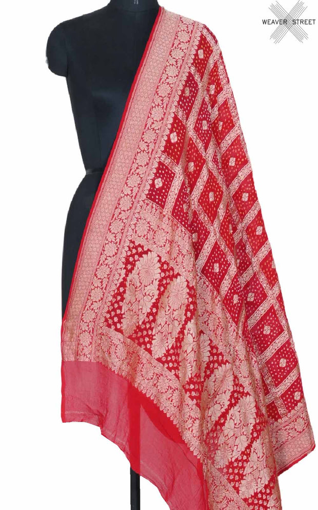 Red Khaddi georgette Bandhani dupatta with square jaal (1) main