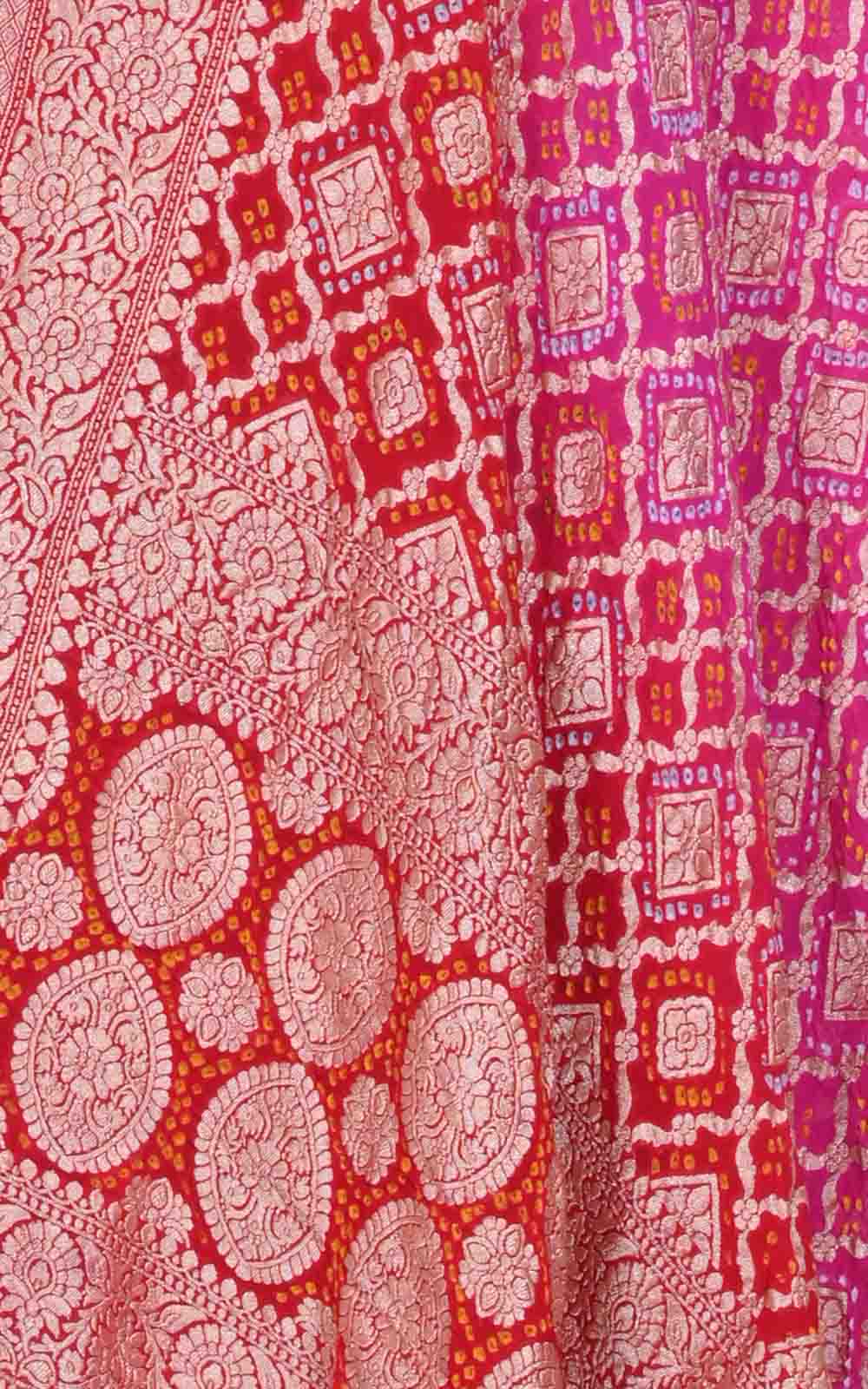 Red Pink Khaddi georgette Bandhani dupatta with grid jaal (2) closeup