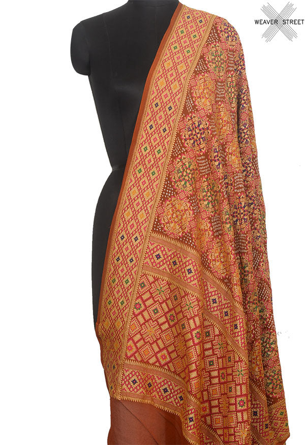 Rust Patola weave khaddi Georgette Heavy Bandhani Dupatta (1) Main