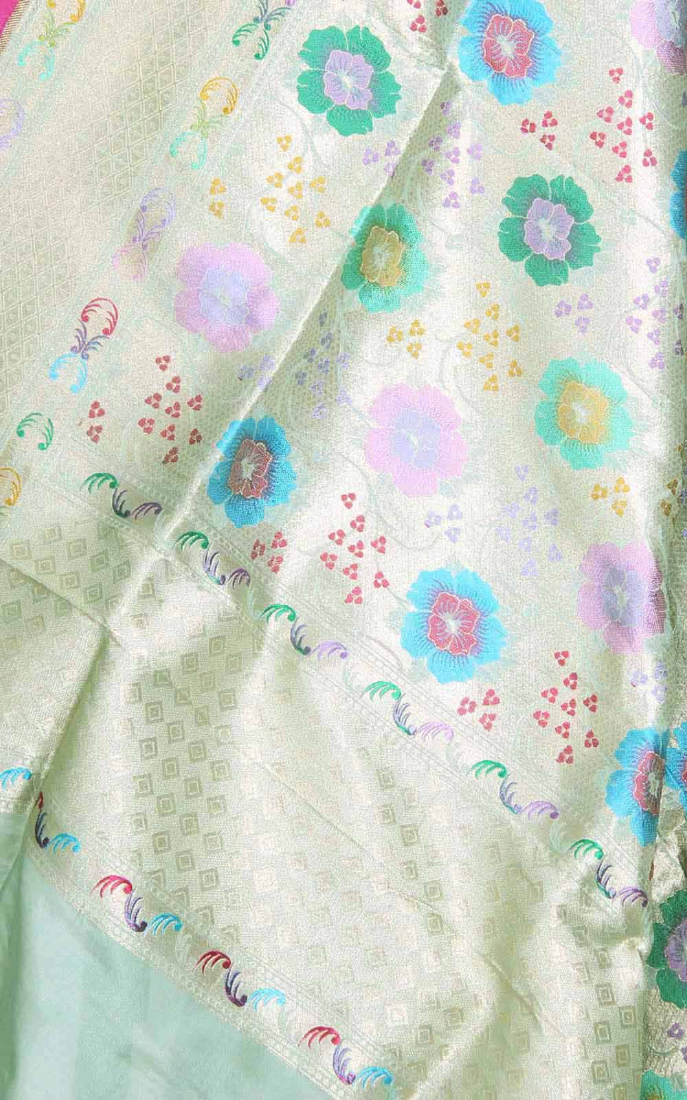 Sage green katan silk handwoven Banarasi dupatta with multi color flower jaal (2) closeup
