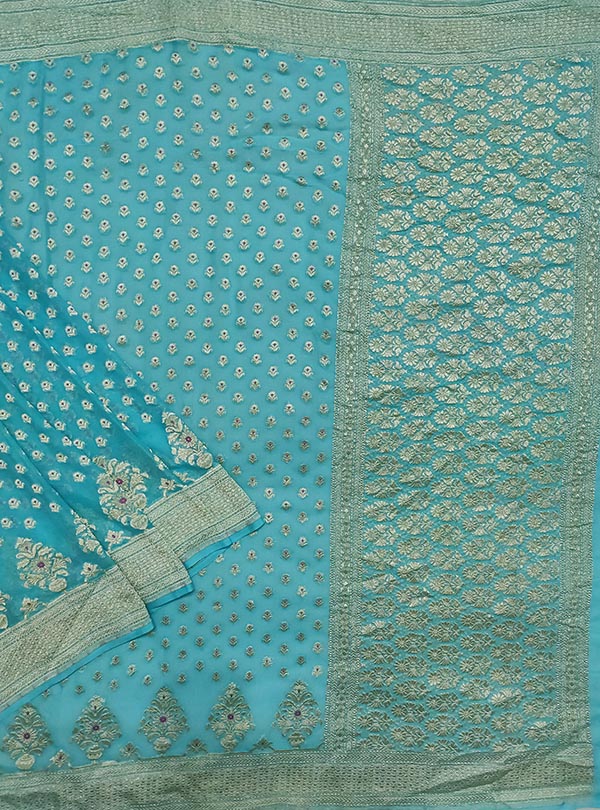 Turquoise khaddi georgette Banarasi saree with meenedar mini flower booti (1) main