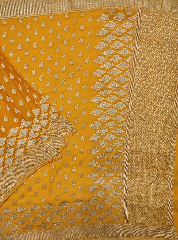 Yellow Khaddi georgette Banarasi saree with mini flower booti (1) main